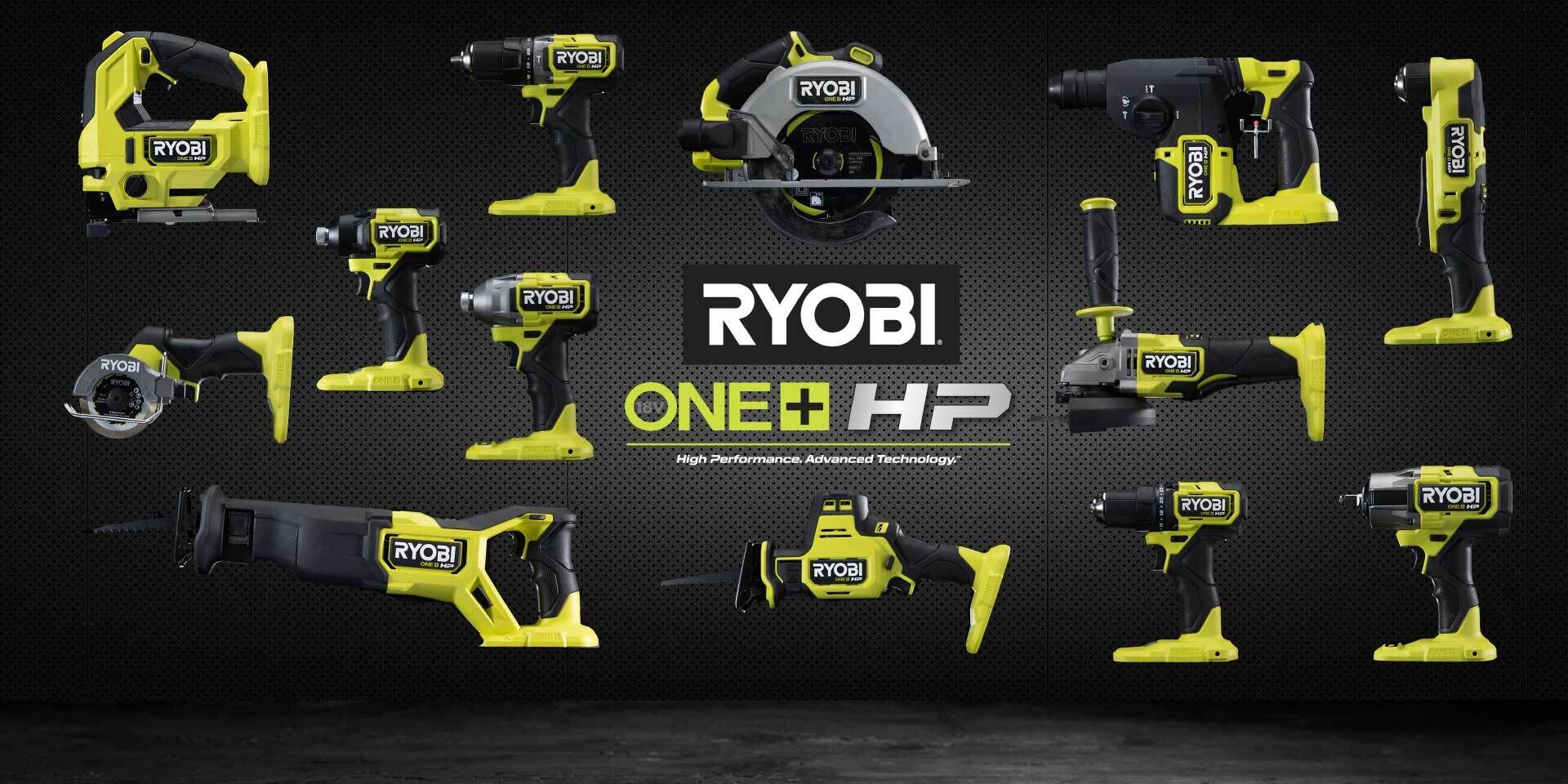 Multiple RYOBI ONE+ HP tools on a black peg board background