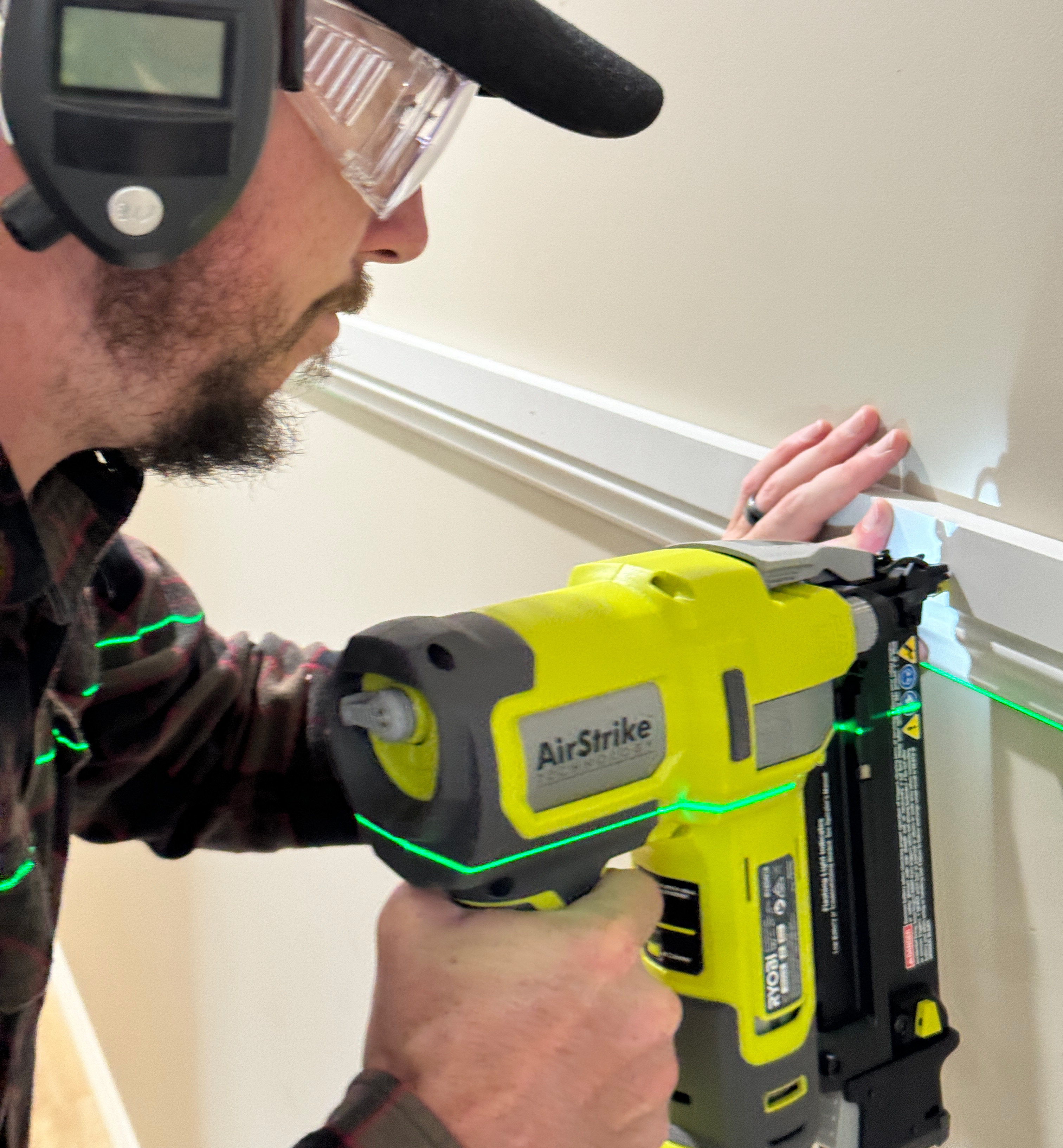 Using a RYOBI Framing Nailer to attach MDF to wall