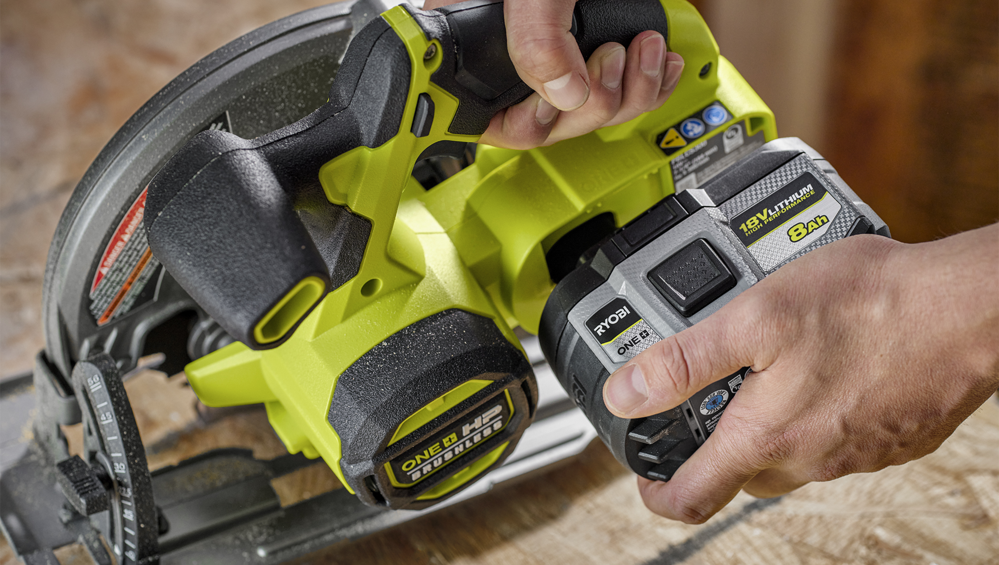 RYOBI 18V ONE+ Battery inserted into Track Saw