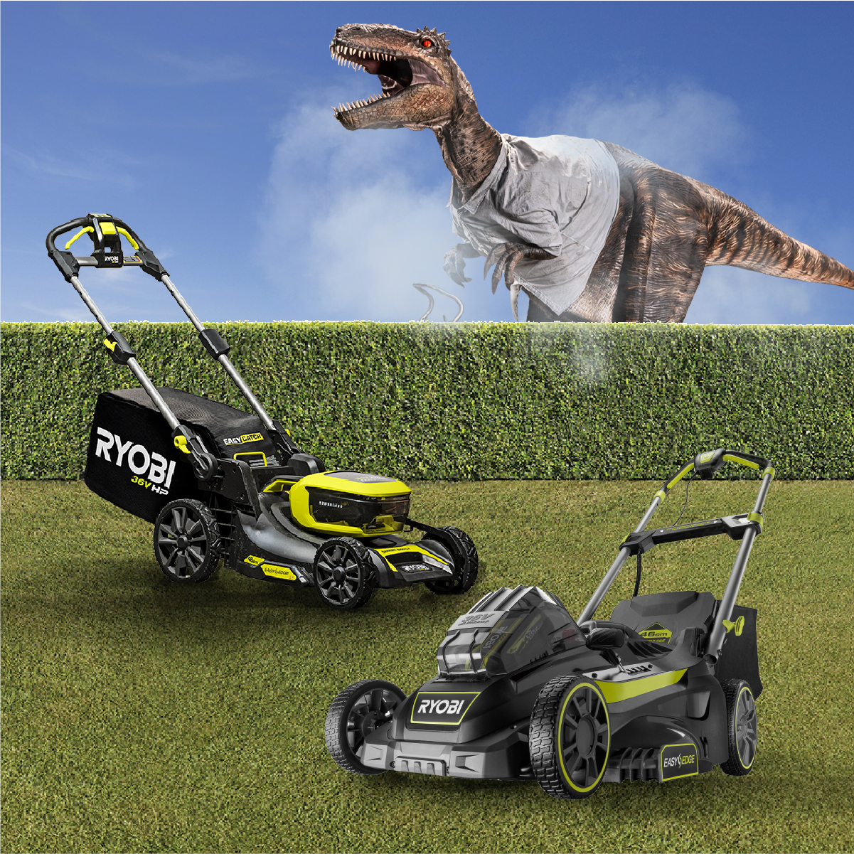 Two RYOBI Lawn Mowers displayed on a freshly cut lawn. In the background, behind the hedge, is a dinosaur mowing the lawn.