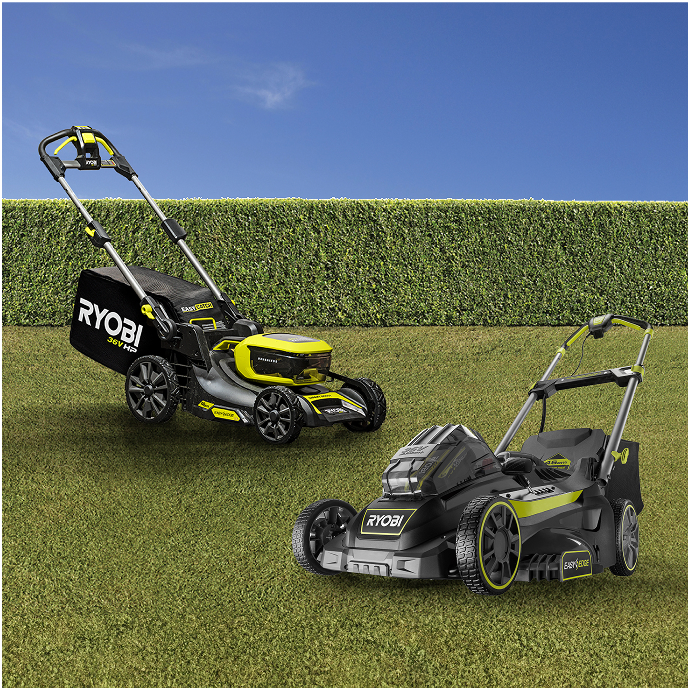 Two RYOBI Lawn Mowers displayed on a freshly cut lawn
