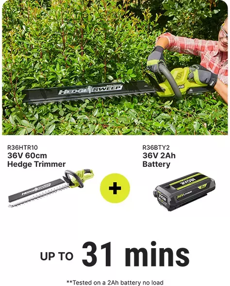 H36HTR10 Hedge Trimmer + R36BTY2 36V 2Ah Battery runtime