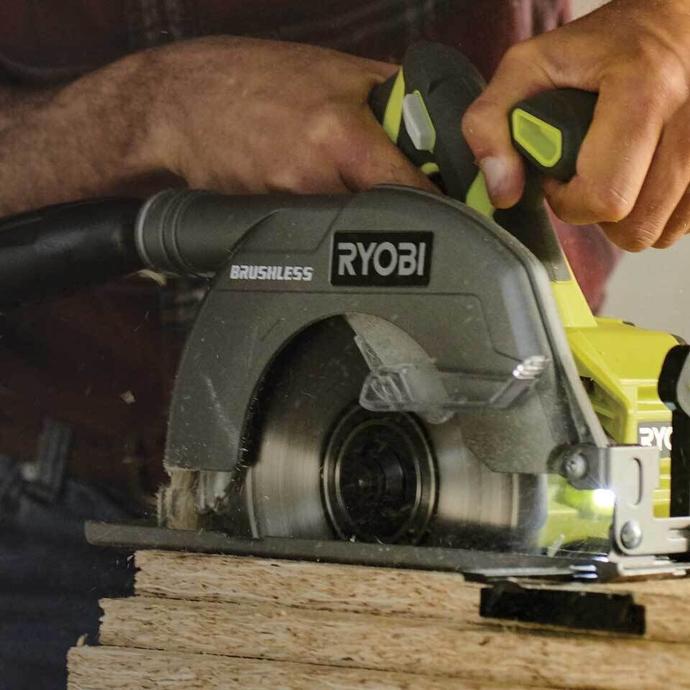 A Ryobi circular saw used to cut through sheet of wood