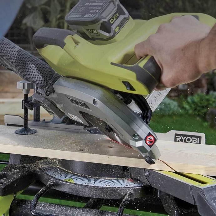 A Ryobi circular saw used to make a sliding mitre cut